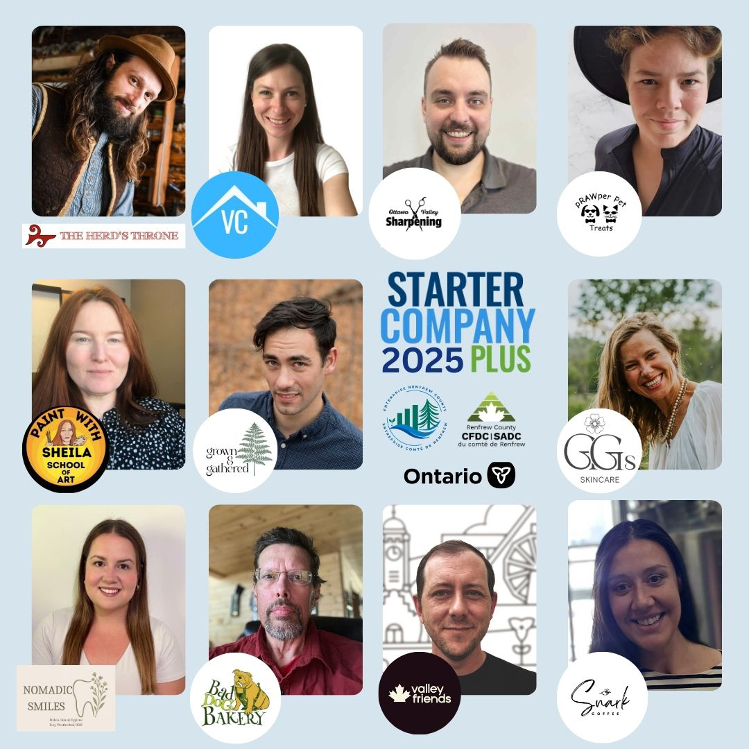 graphic highlighting Starter Company Plus grant recipients. Three rows of four photos, 11 recipients in total, program logo in the second row