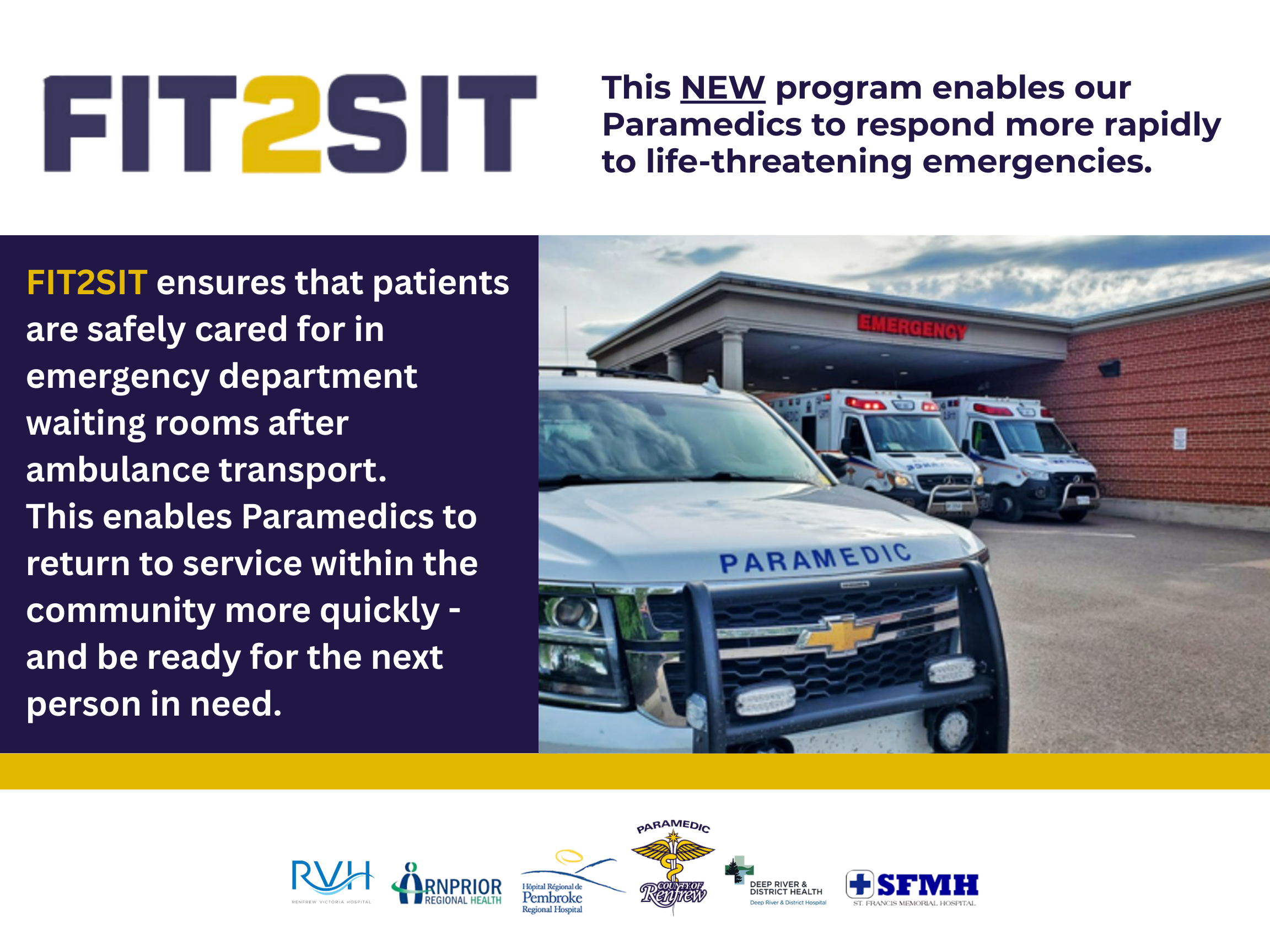 Fit2Sit program launch - information on the left with photo of three County of Renfrew ambulance on the right at an emergency room entrance